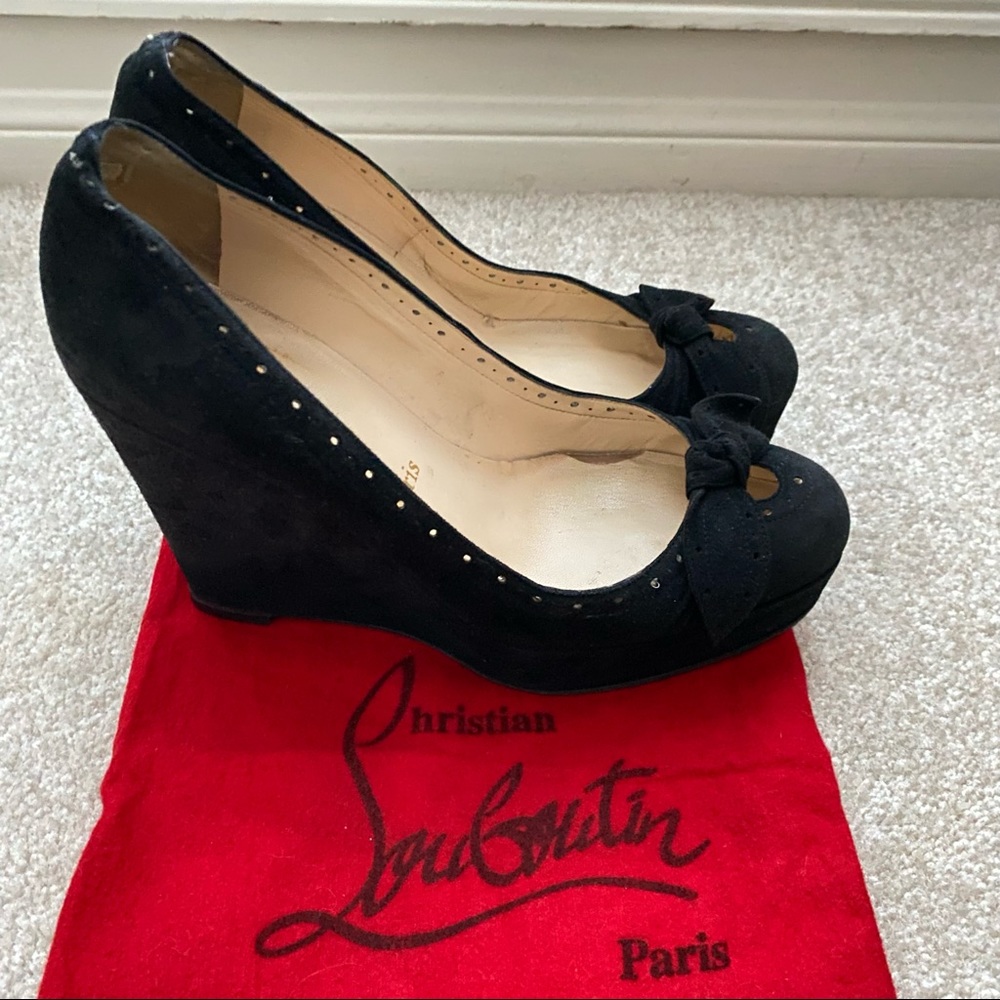 Authentic Christian Louboutin Black Suede Wedge Heels, Sz 38.5